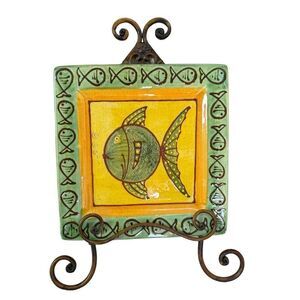 European handmade hand painted ceramic wall decor plate fish size 12x12